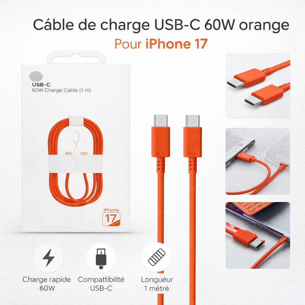 Câble USB-C 60W – iPhone 17 (1 m)