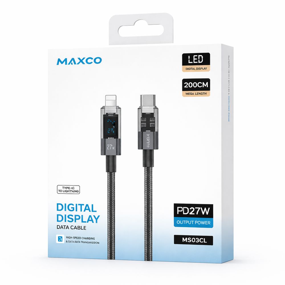 Câble de charge rapide MAXCO USB-C vers Lightning avec écran LED – 2 mètres