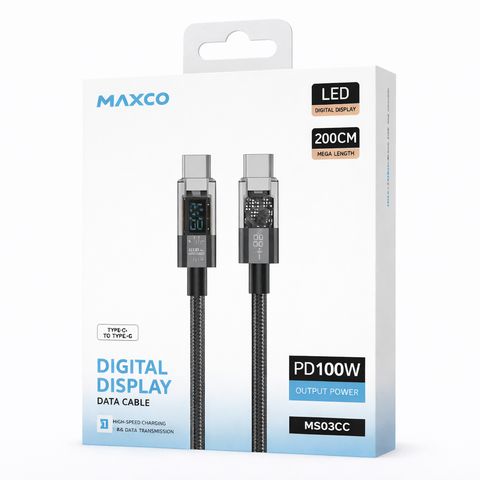 Câble de charge rapide MAXCO USB-C vers USB-C PD 100W avec écran LED – 2 mètres