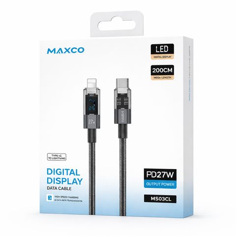 Câble de charge rapide MAXCO USB-C vers Lightning avec écran LED – 2 mètres