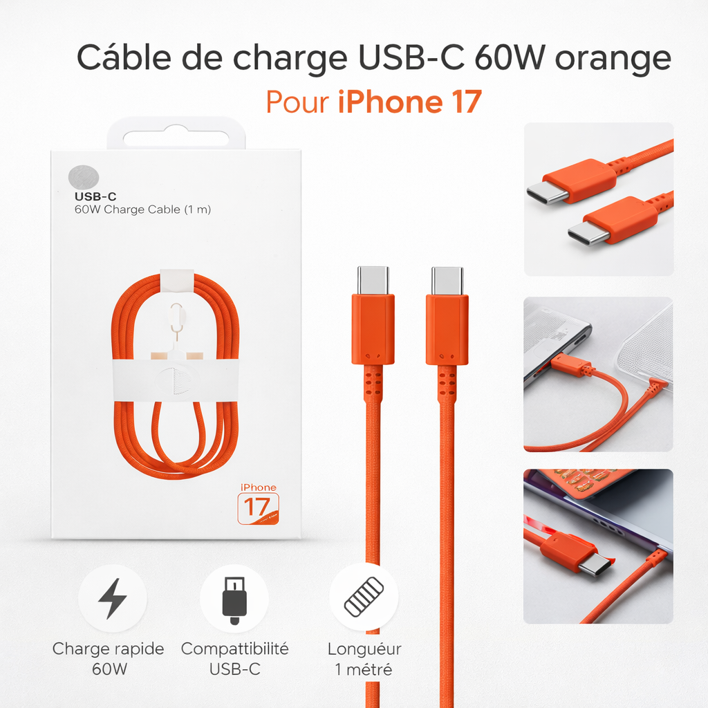 Câble USB-C 60W – iPhone 17 (1 m)