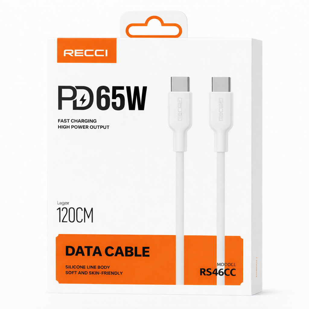 Câble de charge rapide RECCI USB-C vers USB-C PD 65W – Blanc (Modèle RS46CC)